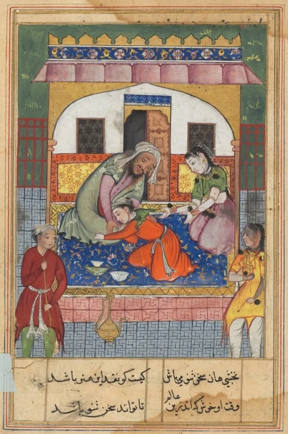 Repenting his conduct, ‘Ubaid falls at the feet of his parents, from a Tuti-nama (Tales of a Parrot): Forty-second Night, by Unknown, unspecified, 1560