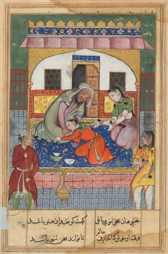 Repenting his conduct, ‘Ubaid falls at the feet of his parents, from a Tuti-nama (Tales of a Parrot): Forty-second Night, by Unknown