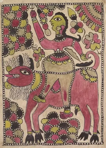 Rider and four-legged bovine creature in mauve, chartreuse and black palette, by Unknown