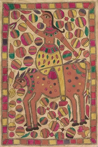 Rider and four-legged bovine creature with border of colored squares, by Unknown