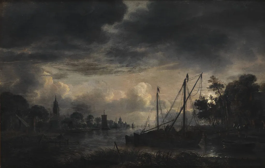 River Landscape in Moonlight, by Unknown, unspecified, 1644
