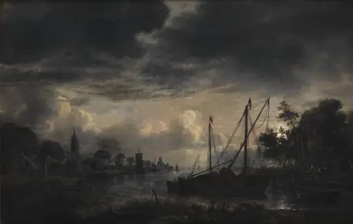 River Landscape in Moonlight, by Unknown
