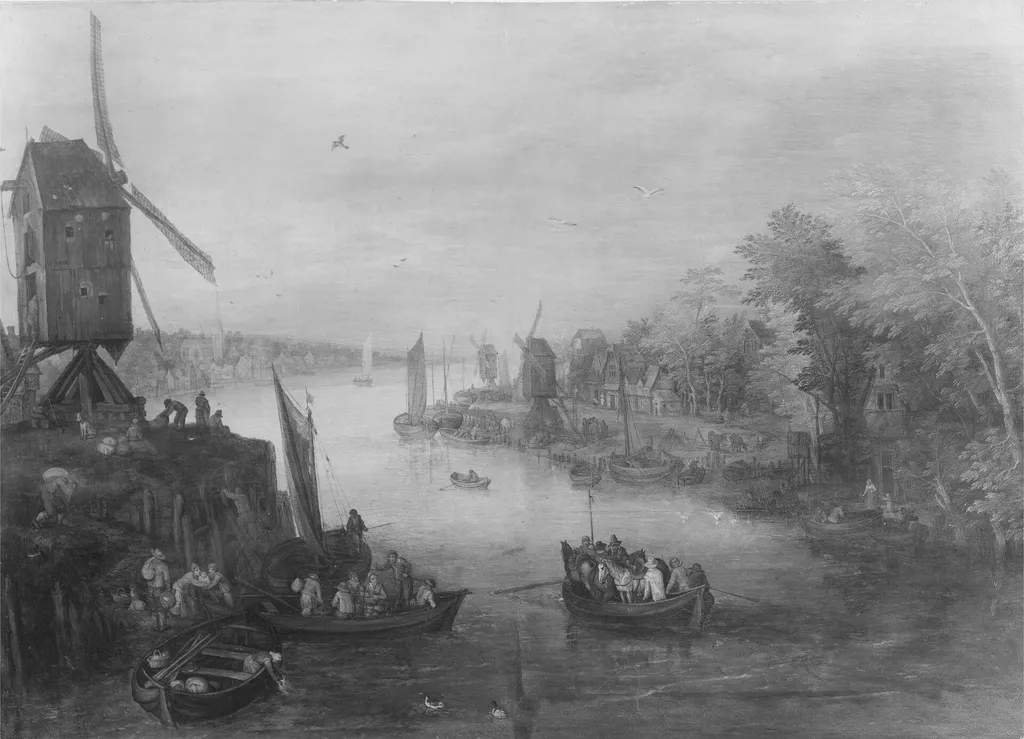 River Landscape with Windmills, by Unknown, oil, 1652