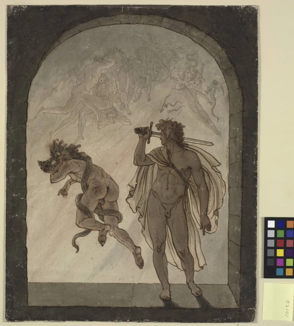 Ærkeengelen Michael ved Helvedes Port med sværd i hånden, by Unknown, unspecified, 1824