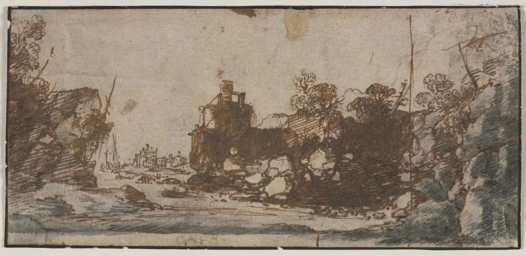 Rocky Inlet with Boats and Buildings (recto), by Unknown, 1604