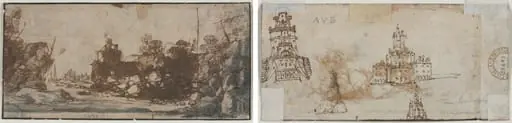 Rocky Inlet with Boats and Buildings (recto); Sketches of Castles (verso), by Unknown