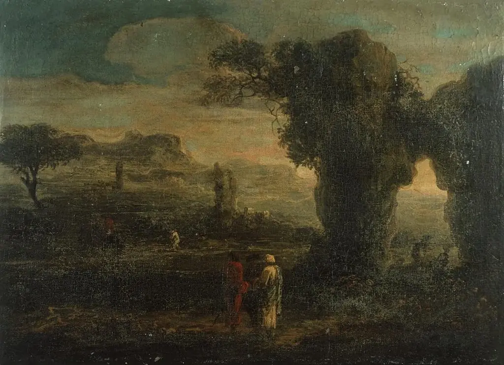 Rocky landscape with three travellers, by Unknown