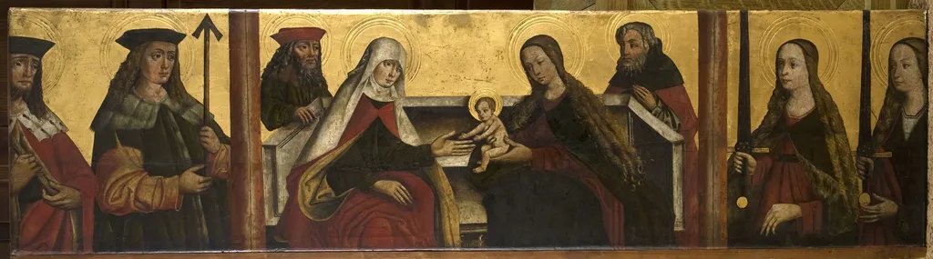 Rodzina Panny Marii (śś. Anna Samotrzeć, Joachim i Józef) ze śś. Edmundem (?), Sebastianem, Katarzyną i Barbarą (?). Predella retabulum ołtarzowego z okolic Iwonicza (?), by Unknown, unspecified, 1512