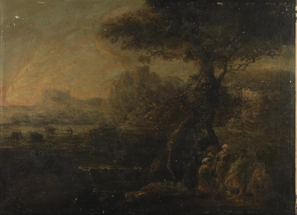 Romantic landscape with travellers around a camp fire, by Unknown, oil, 1696