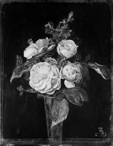 Roser og reseda i et blomsterglas, by Unknown