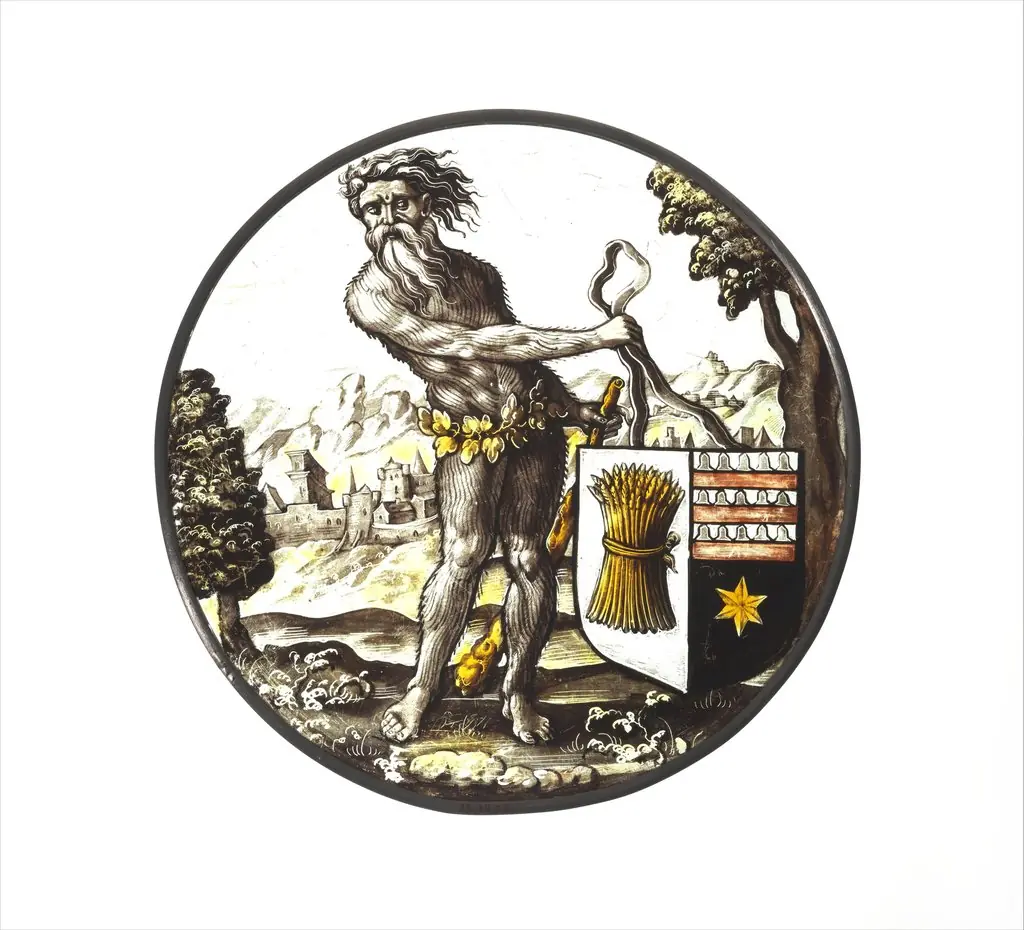 Roundel with Wild Man Supporting a Heraldic Shield, by Unknown