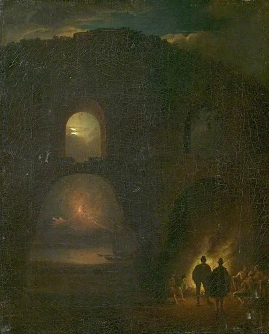 Ruins on the Coast of Naples, Italy, Moonlight, by Unknown, oil