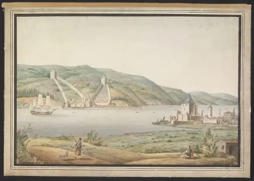 Rumeli Hisari on the European shore of the Bosphorus, from the Asian shore near Anadolu Hisari, by Unknown