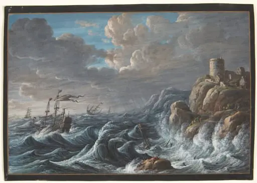 Søstykke med en klippekyst og skibe i havsnød, by Unknown