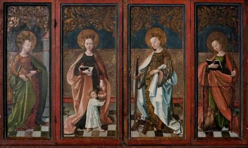 Saint Barbara (panel one), Saint Dorothy (panel two), Saint Catherine (panel three), and Saint Margaret (panel four) (predella of an altarpiece), by Unknown
