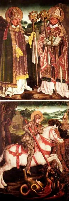 Saint Corbian and (possibly) Saint Adalbert (top panel); Saint George and the Dragon (bottom panel) (left wing of an altarpiece, exterior), by Unknown