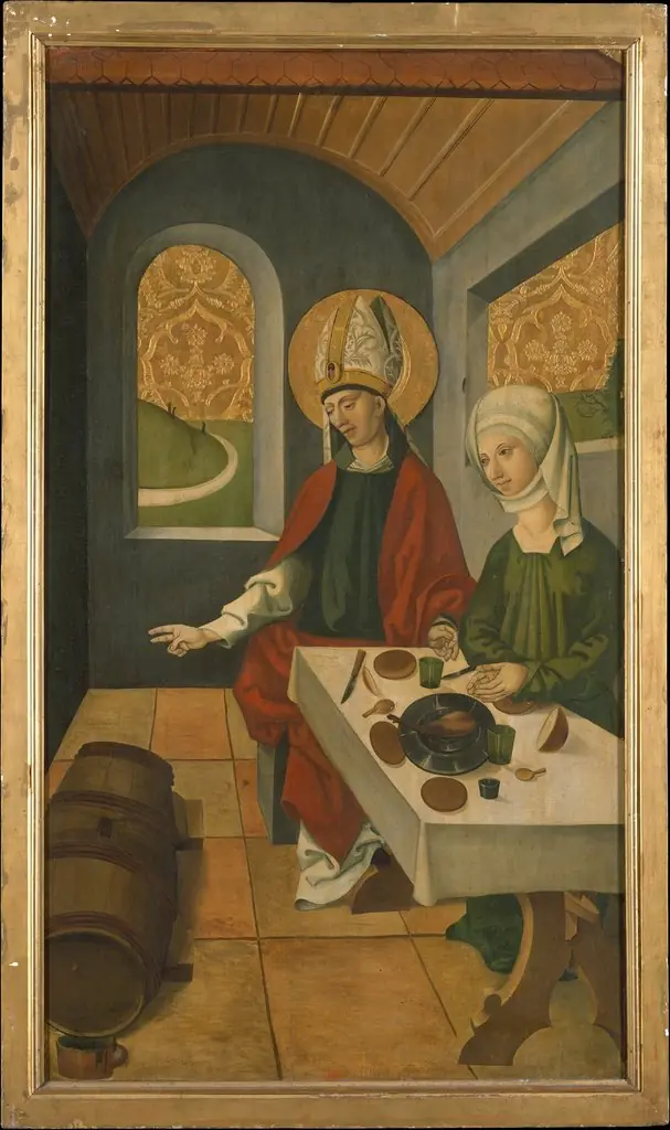 Saint Remigius Replenishing the Barrel of Wine; (interior) Saint Remigius and the Burning Wheat, by Unknown, 1500