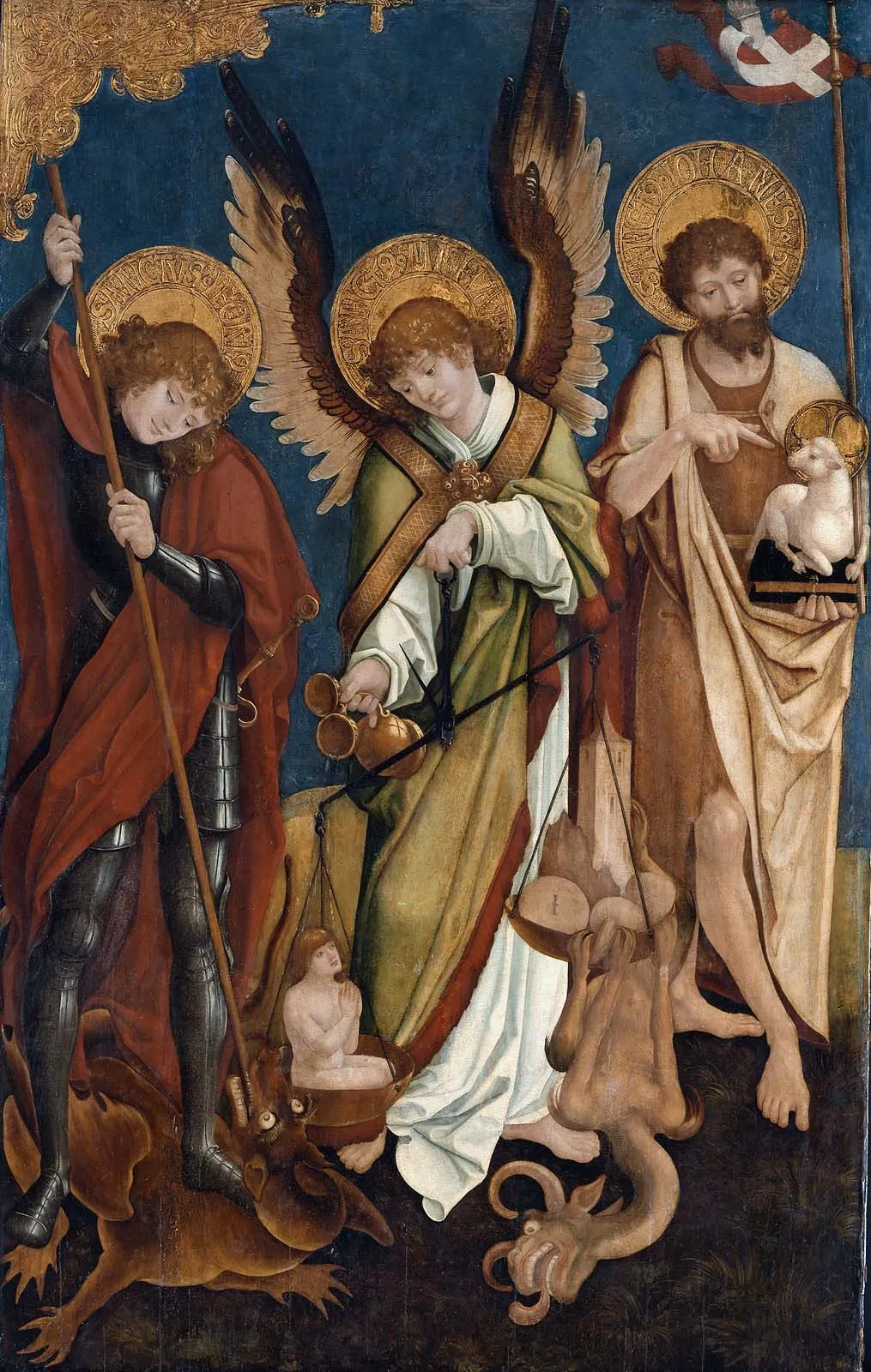 Saints George, Michael, and John the Baptist, by Unknown, oil, 1512