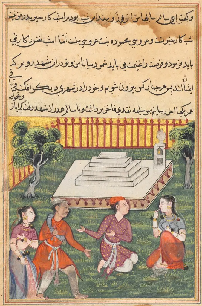 Salim and Salima return to Ayaz and Mahmuda in the sanctuary, from a Tuti-nama (Tales of a Parrot): Thirty-third Night, by Unknown