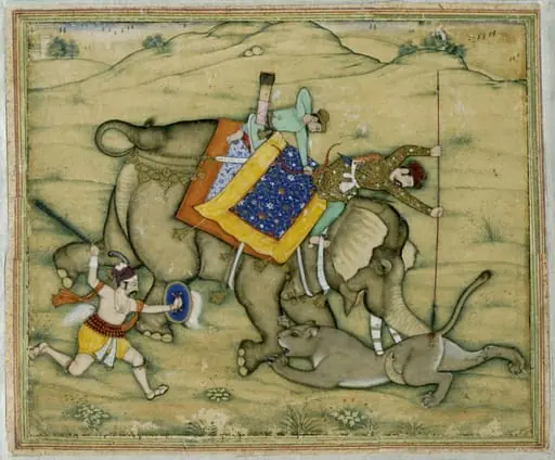 Salim spearing a lioness, by Unknown