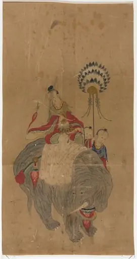 Samantabhadra on an Elephant with Two Attendants, by Unknown