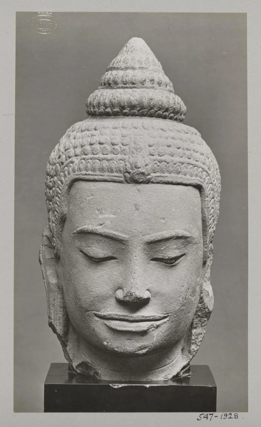 Sandstone sculpture of head of Buddha, Siam, 9th century A.D., V&A Museum, London, by Unknown, photographic, 1924