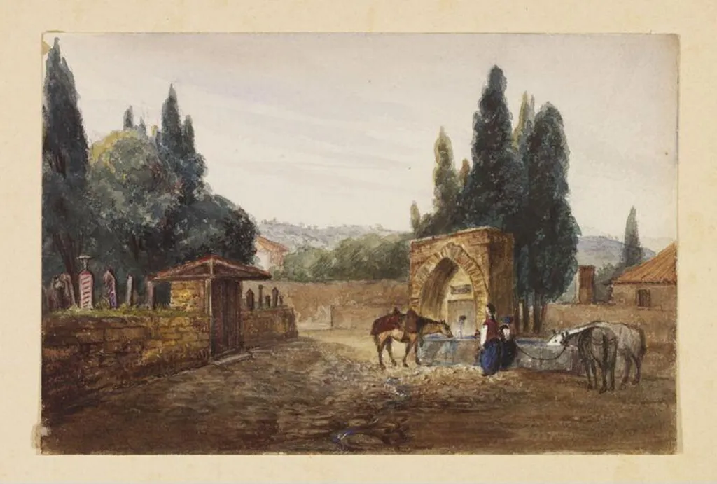 Scene at a Fountain outside a cemetery, probably Smyrna, by Unknown, watercolor, 1850