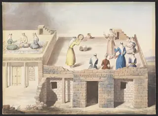 Scene with Women and a Man, playing music, dancing, and conversing, on roofs of buildings, possibly in the Caucasus, by Unknown, 1812
