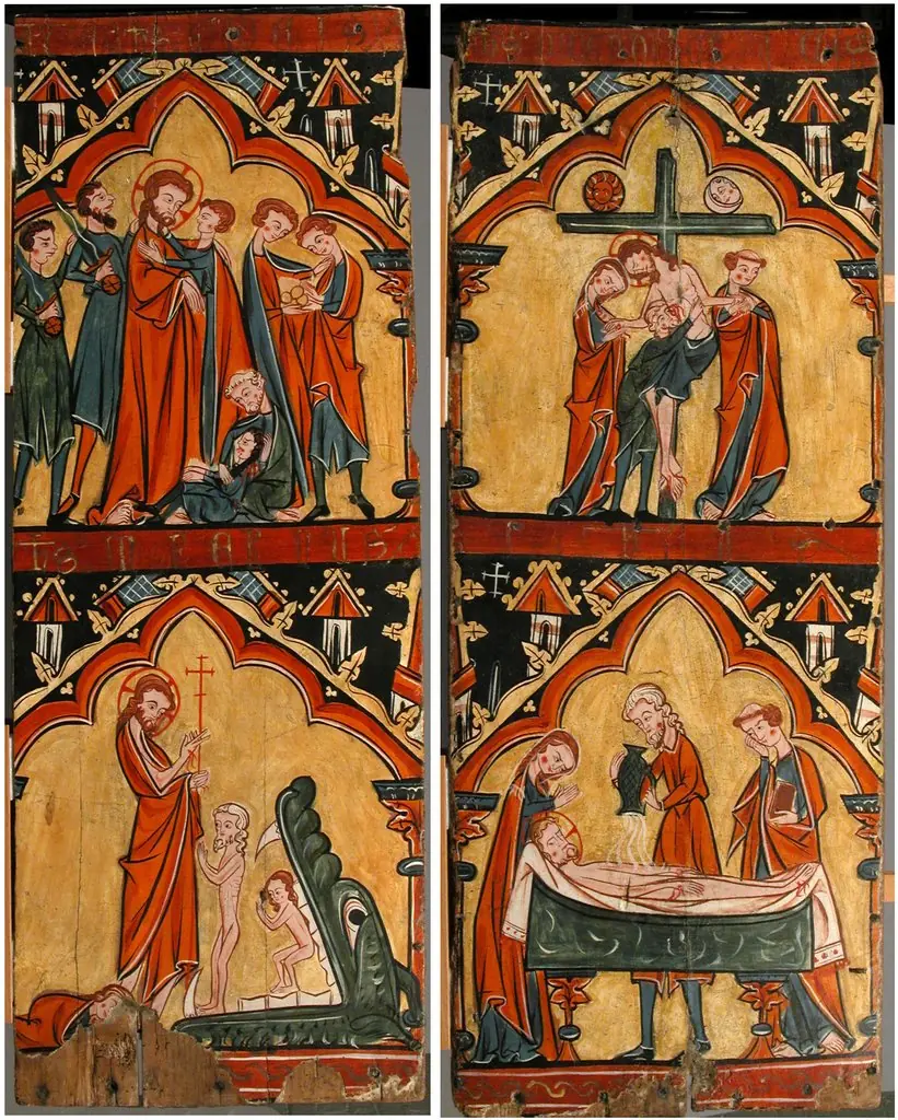 Scenes from the Life of Christ: Arrest of Christ, Christ in Limbo; Descent from the Cross, Preparation of Christ’s Body for His Entombment, by Unknown, 1250