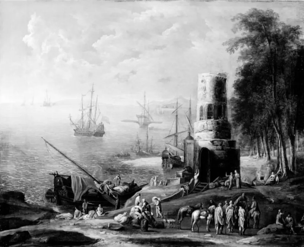 Seascape with Ships, a Forest and a Tower, by Unknown, 1848