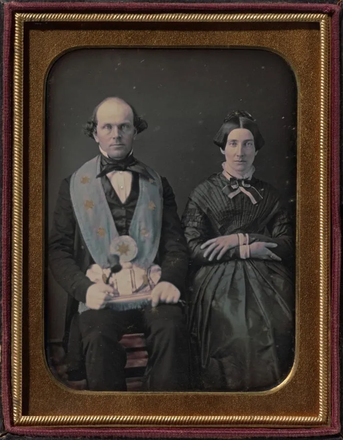 Seated Masonic lodge master and wife, by Unknown, 1852