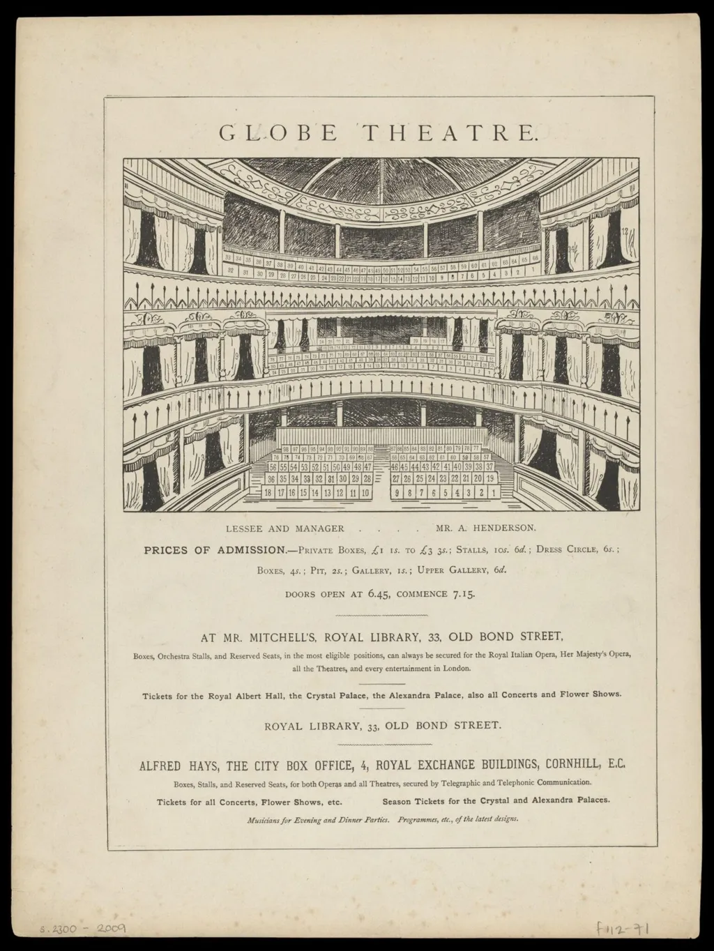 Seating plans for the Royal Court Theatre 1879-1881, and the Globe Theatre 1875-1876, by Unknown, 1850