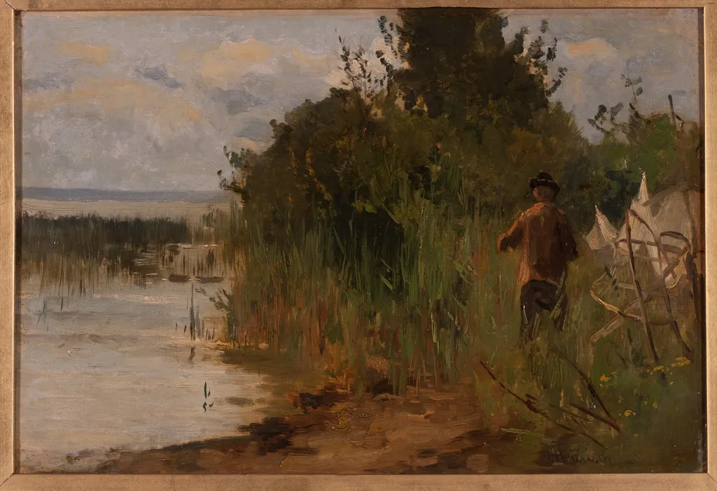 Seeufer mit Angler im Schilf, by Unknown, 1850