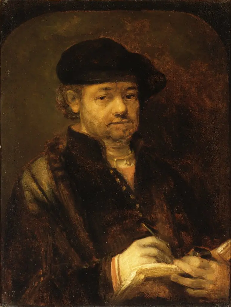 Self portrait with pen, inkpot and sketchbook, by Unknown