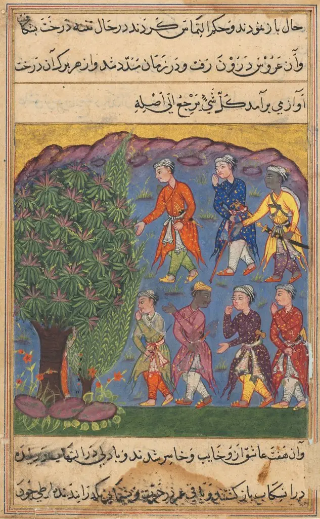 Seven men disputing possession of a woman bring her before the Tree of Justice into which she is absorbed, from a Tuti-nama (Tales of a Parrot): Sixth Night, by Unknown