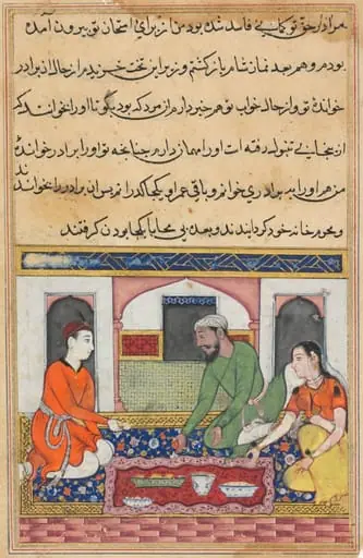 Shahr-Arai and her husband adopt her lover as a brother in the family, from a Tuti-nama (Tales of a Parrot): Fortieth Night, by Unknown
