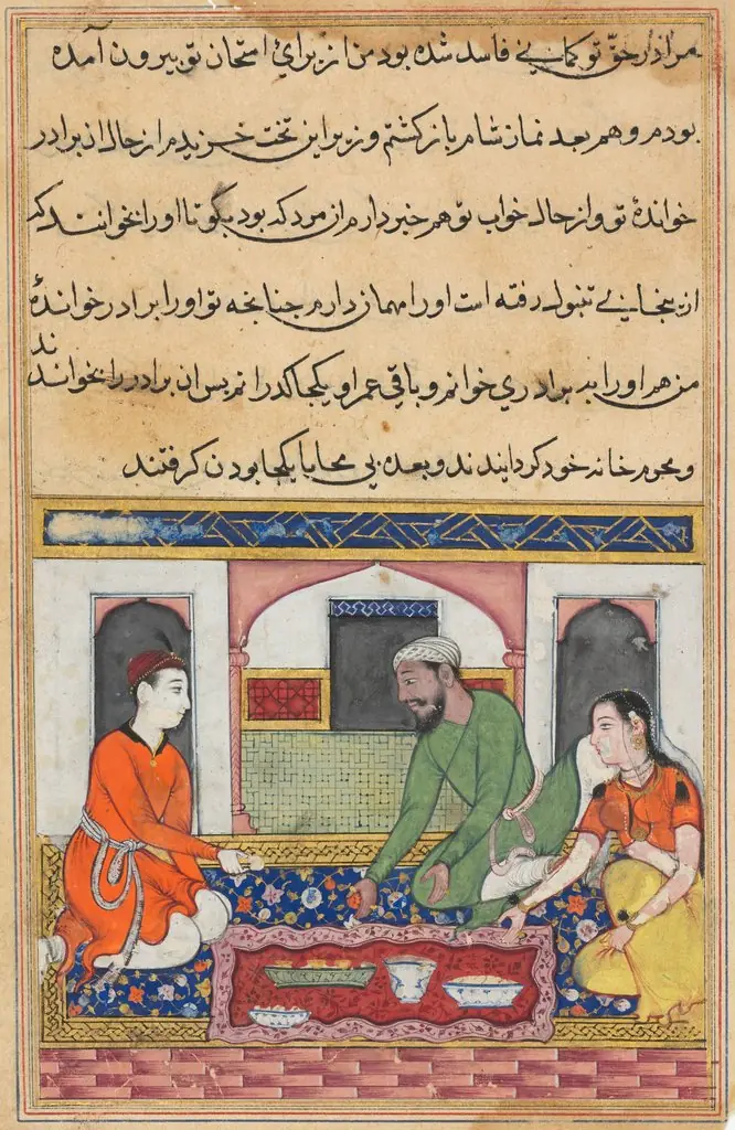 Shahr-Arai and her husband adopt her lover as a brother in the family, from a Tuti-nama (Tales of a Parrot): Fortieth Night, by Unknown