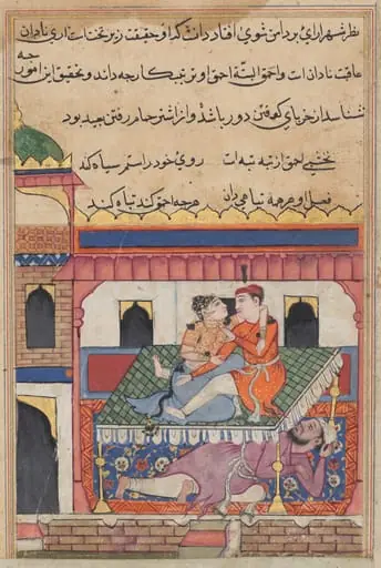 Shahr-Arai and her lover dallying on a bed beneath which is concealed her husband, from a Tuti-nama (Tales of a Parrot): Fortieth Night, by Unknown