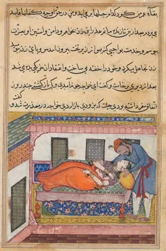 Shahr-Arai’s husband bends to kiss his wife who feigns sleep, from a Tuti-nama (Tales of a Parrot): Fortieth Night, by Unknown