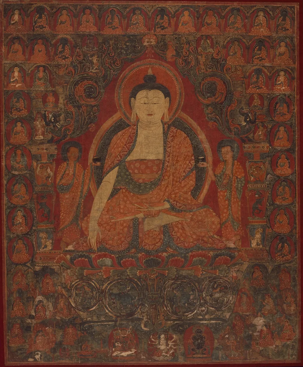 Shakyamuni with the Thirty-Five Buddhas of the Confession of Sins and the Eighteen Arhats, by Unknown, unspecified, 1450