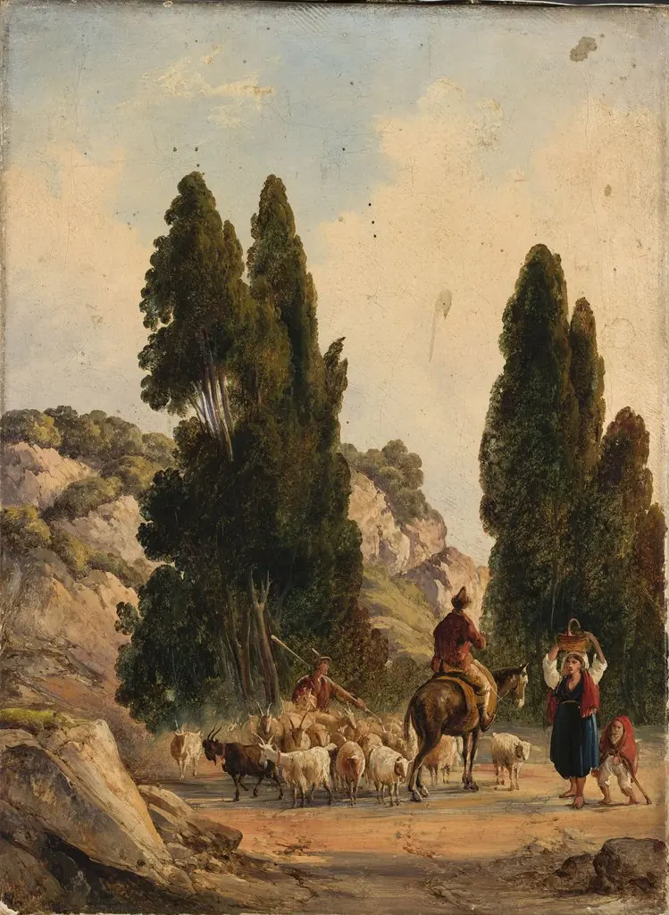Shepherd with a flock in the mountains, by Unknown