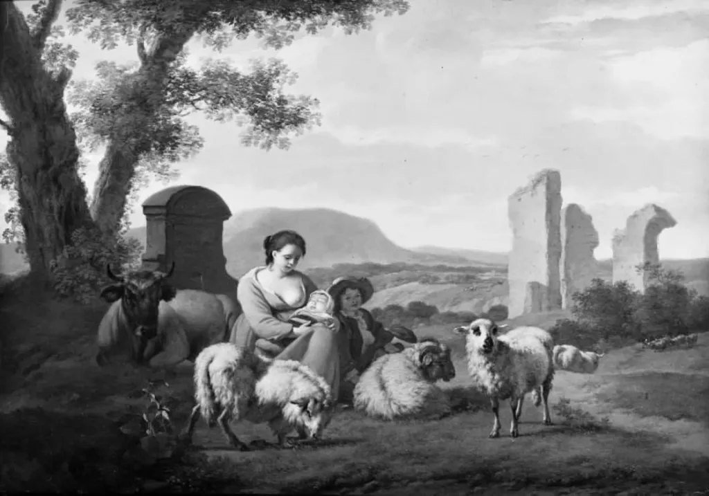 Shepherdess with her Flock, by Unknown, 1708