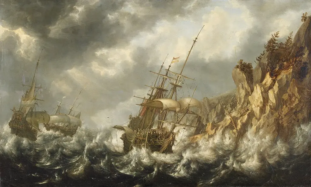 Ships in stormy sea near a rocky coast, by Unknown