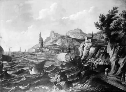 Ships off a Rocky Coast, by Unknown