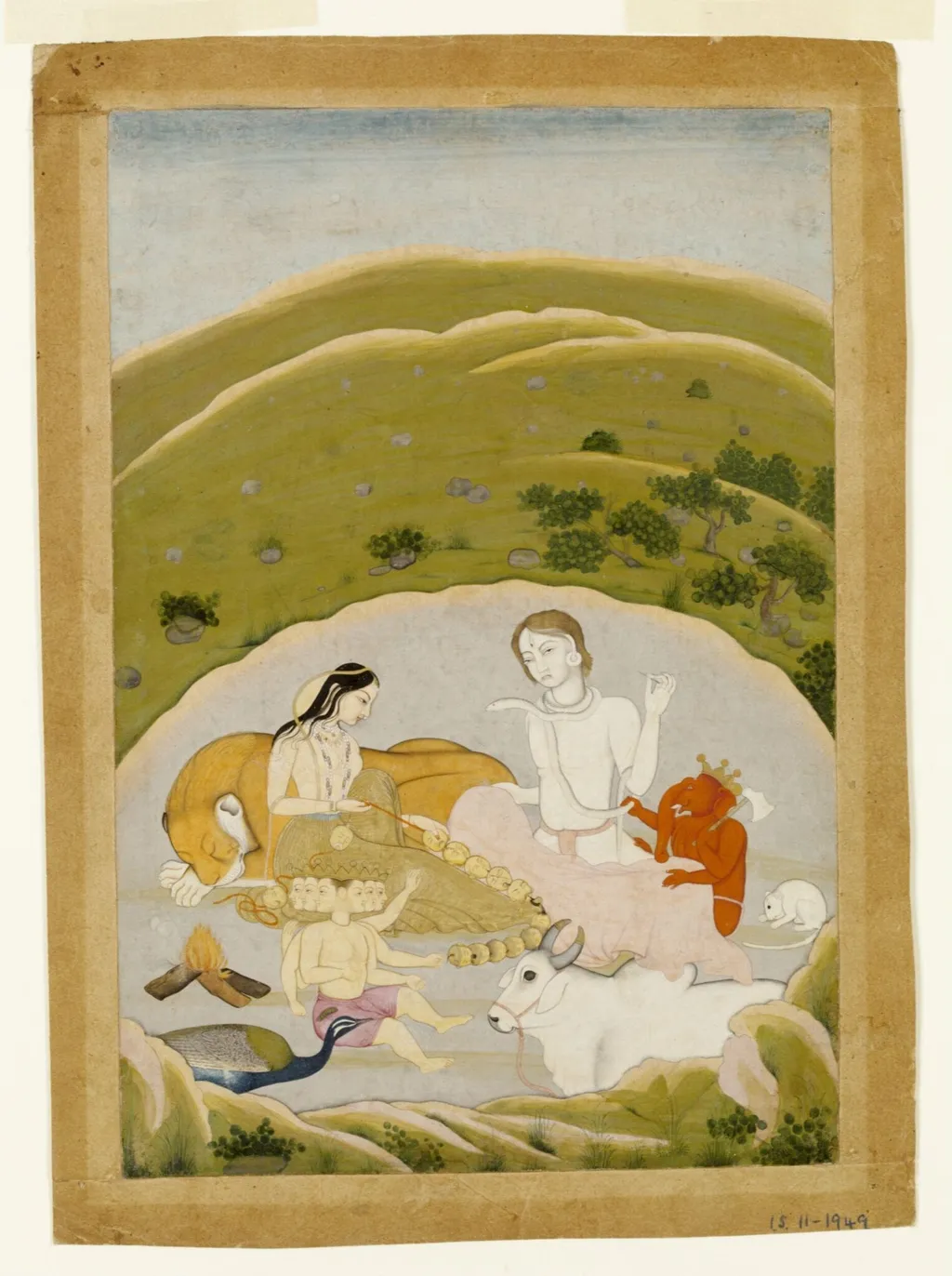 Shiva and Parvati, Ganesh, Karttikeya and Nandi, by Unknown, paint, 1745