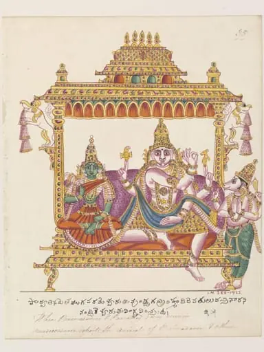 Shiva and Parvati seated on a canopied throne., by Unknown