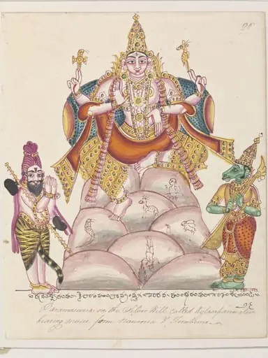 Shiva in his form of Dakshinamurti with the sages Narada and Tumburu on Mount Kailasa., by Unknown