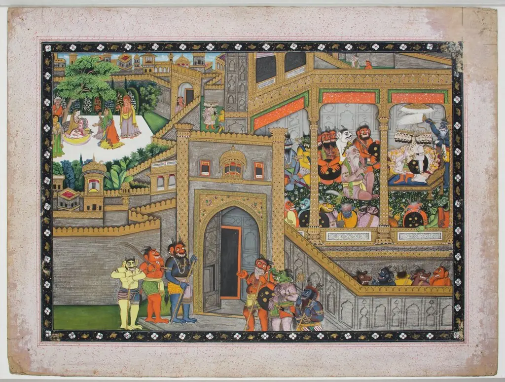 Sita Imprisoned at Ravana's Palace, Ravana Holding Court (Illustration to the Ramayana), by Unknown