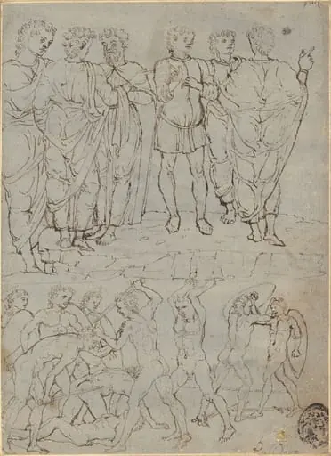 Six Conversing Men and Ten Battling Nudes, by Unknown
