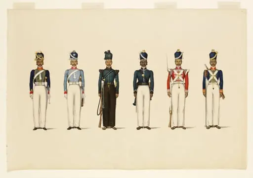 Six figures depicting military uniforms, by Unknown